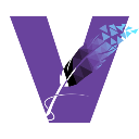 The Vertex Rim Logo, a V with a quill superimposed, breaking up into triangles, color shifting from black to deep purple to cyan.