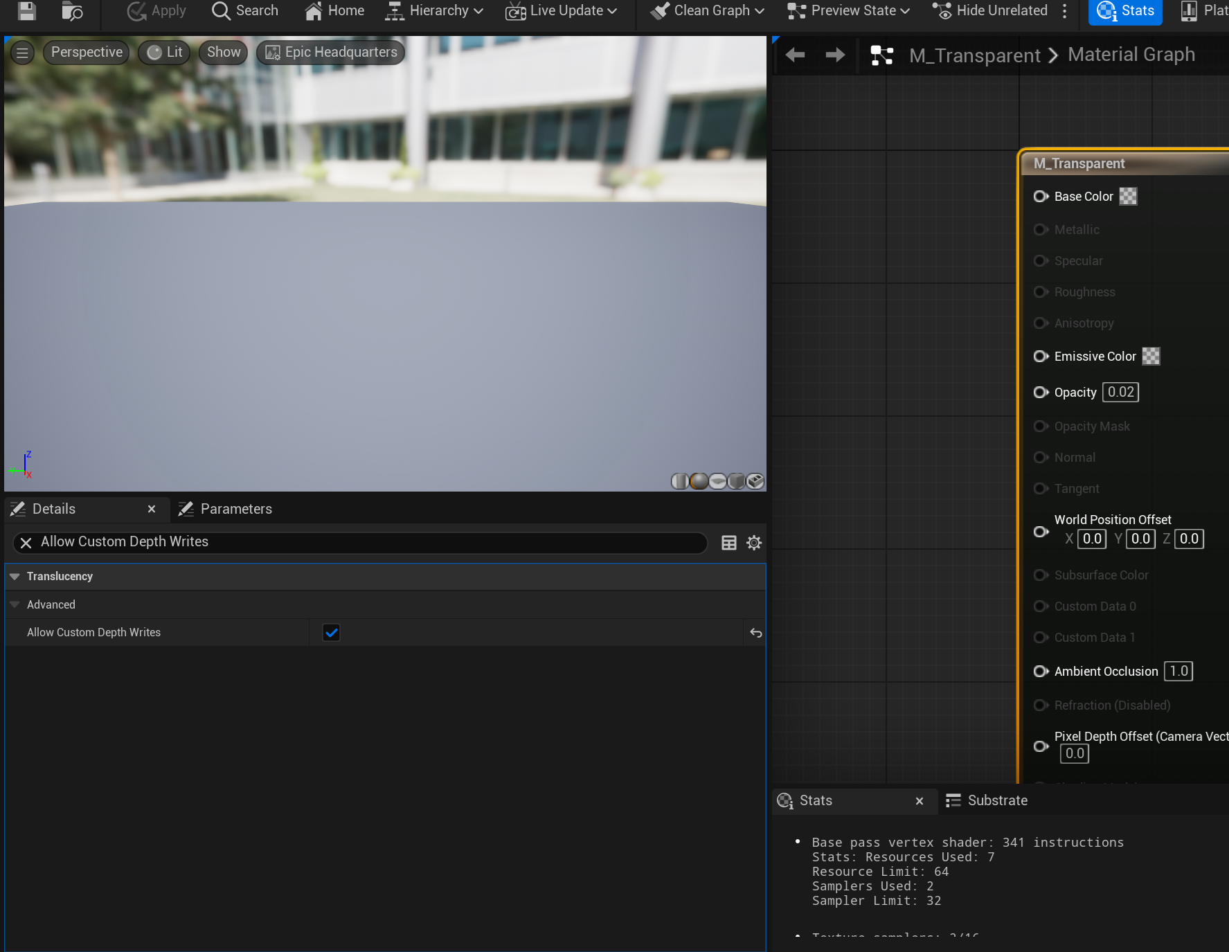 A picture of the properties screen for a translucent material showing where the Allow Custom Depth Writes flag is.