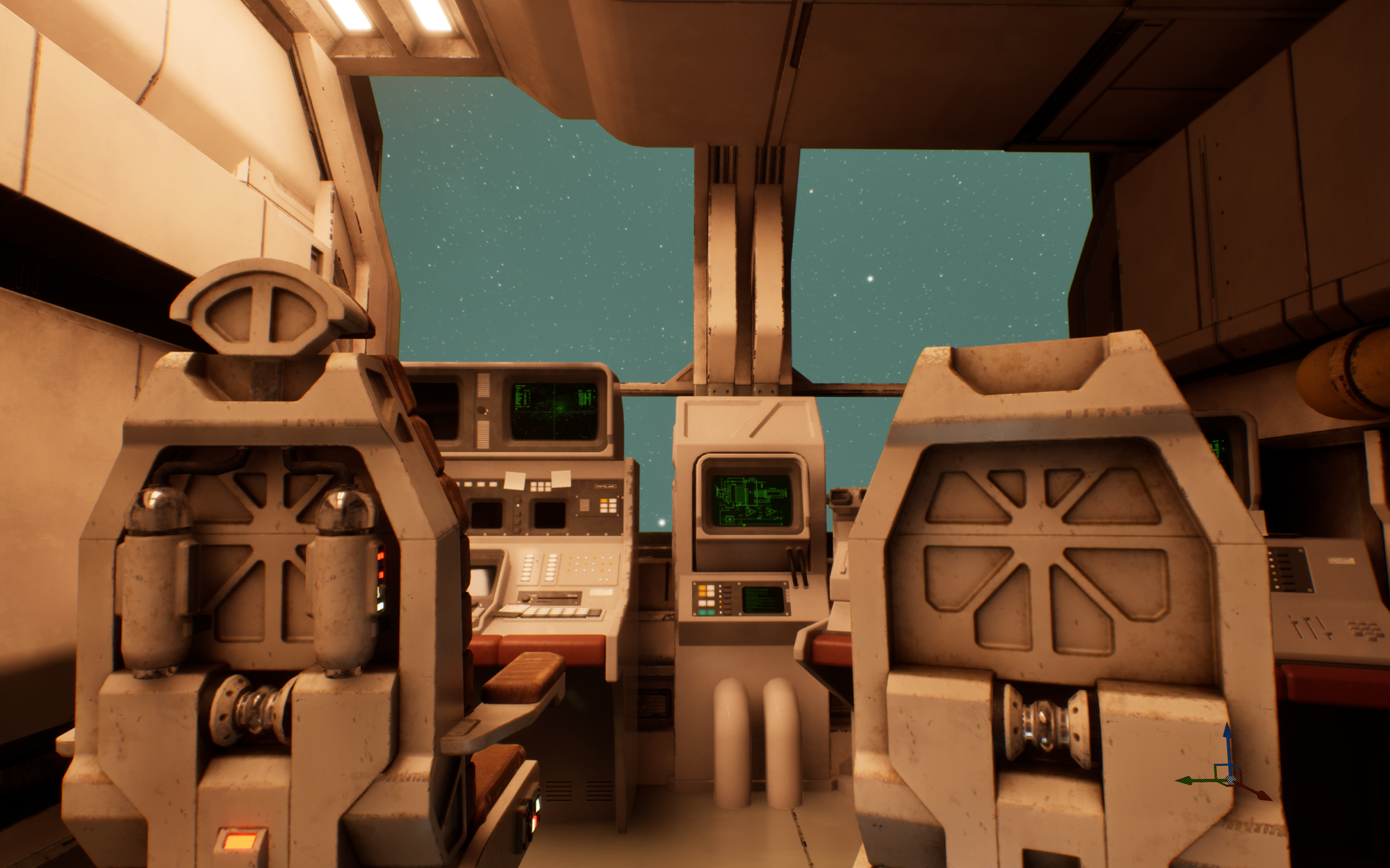 Interior of spaceship cabin, looking from behind crew chairs, out into nebula-filled space under the warm but industrial interior lights.