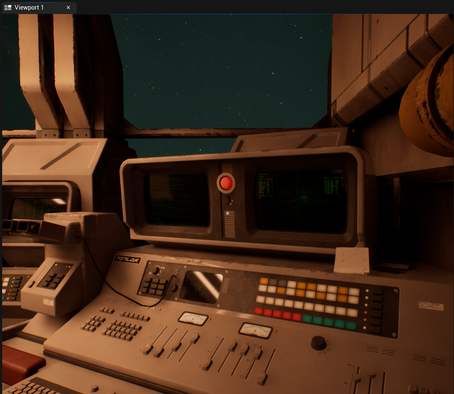 The status console with the check systems light glowing softly red, indicating things are bad.