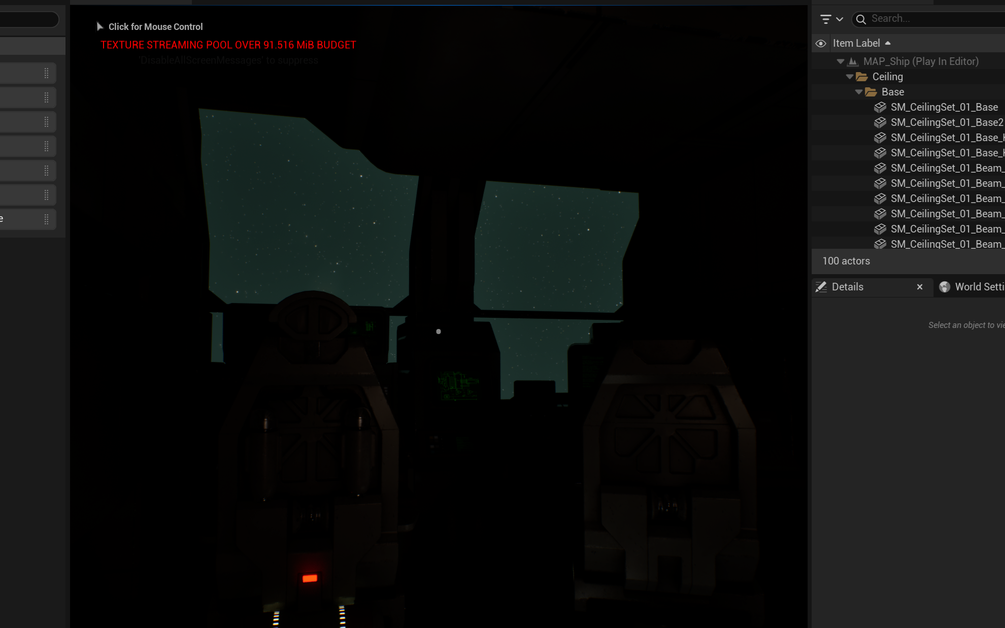 Picture of inside of ship cabin with all lights off. The stars of space shine through the front glass, and panel lights are visible on the chairs whose outlines are only dim silhouettes. 