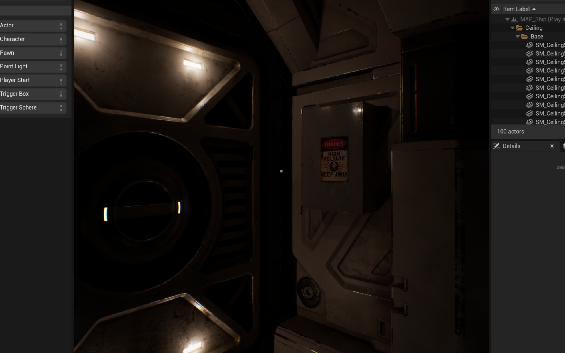 Fusebox on interior wall, next to airlock door with lighting inset into the door. The lights from the door create enough light to see the fusebox.