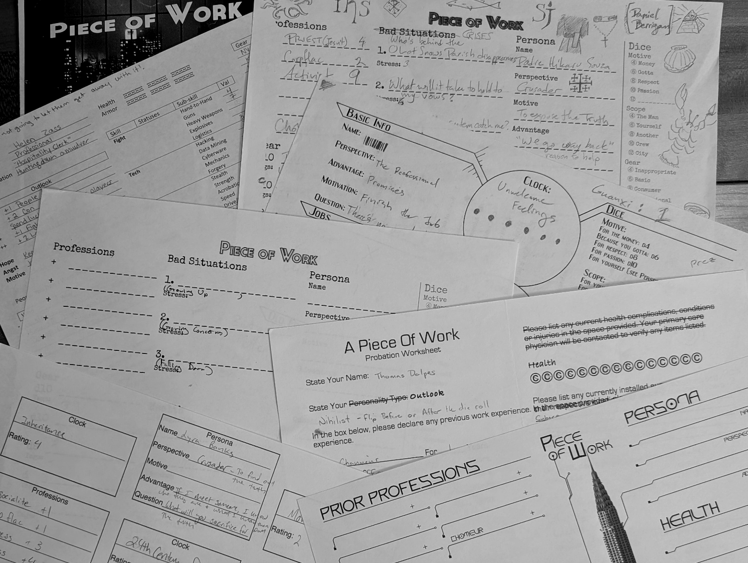 Seven different character sheets for Piece of Work, all made at different times with different mechanics.