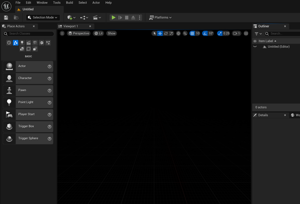 Image of blank level in Unreal Engine, no lights or objects, just black void.