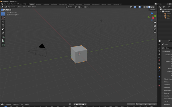 A picture of a new blender project, showing the default cube, camera, and light. Something we all learn to instantly delete when starting Blender.