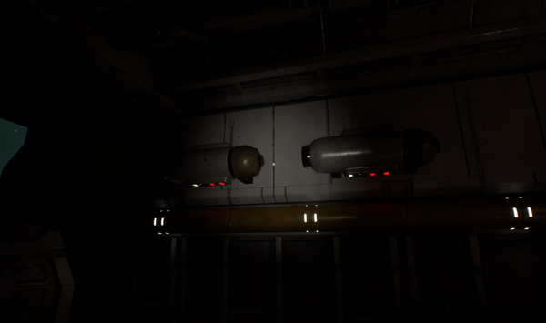 An image of the ship cabin with all the lights off, but with a flashlight shining on the wall, illuminating a small circle in the middle. Small enough to make you wish for more.